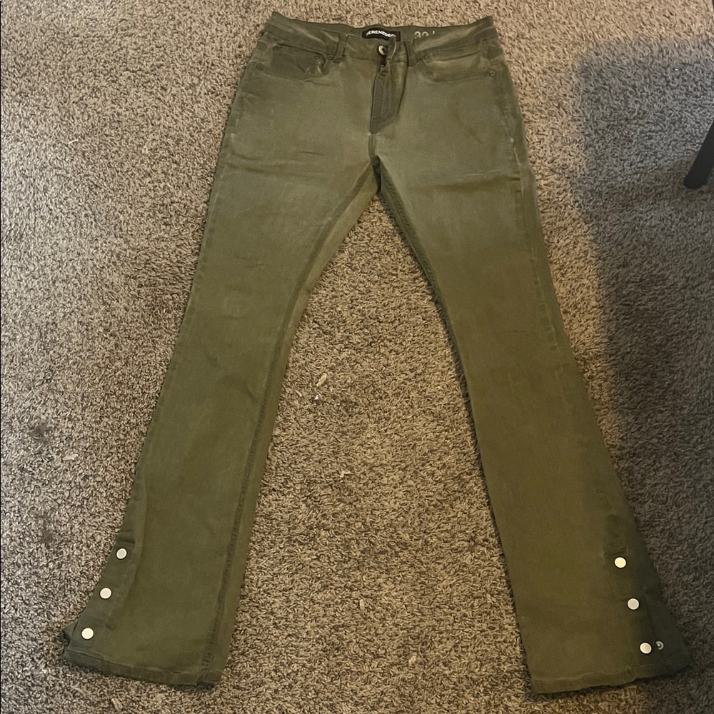Olive Green Stacked Pants with Button Detail